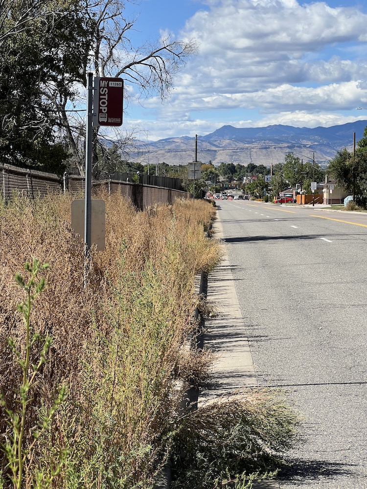 A bus stop without sidewalk near West 48th Avenue and Chase Street in the Inspiration Point neighborhood of North Denver. Photo by Allen Cowgill 
